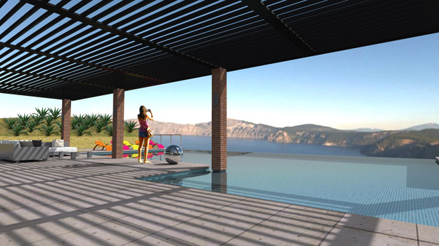 Image 3D aménagement extérieur maison avec piscine