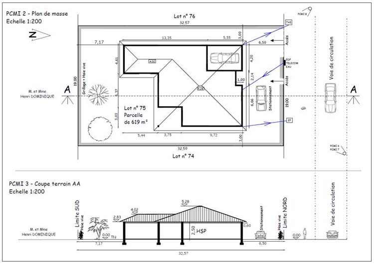 Pcmi2-Pcmi3, Plan de masse et plan en coupe du terrain AA